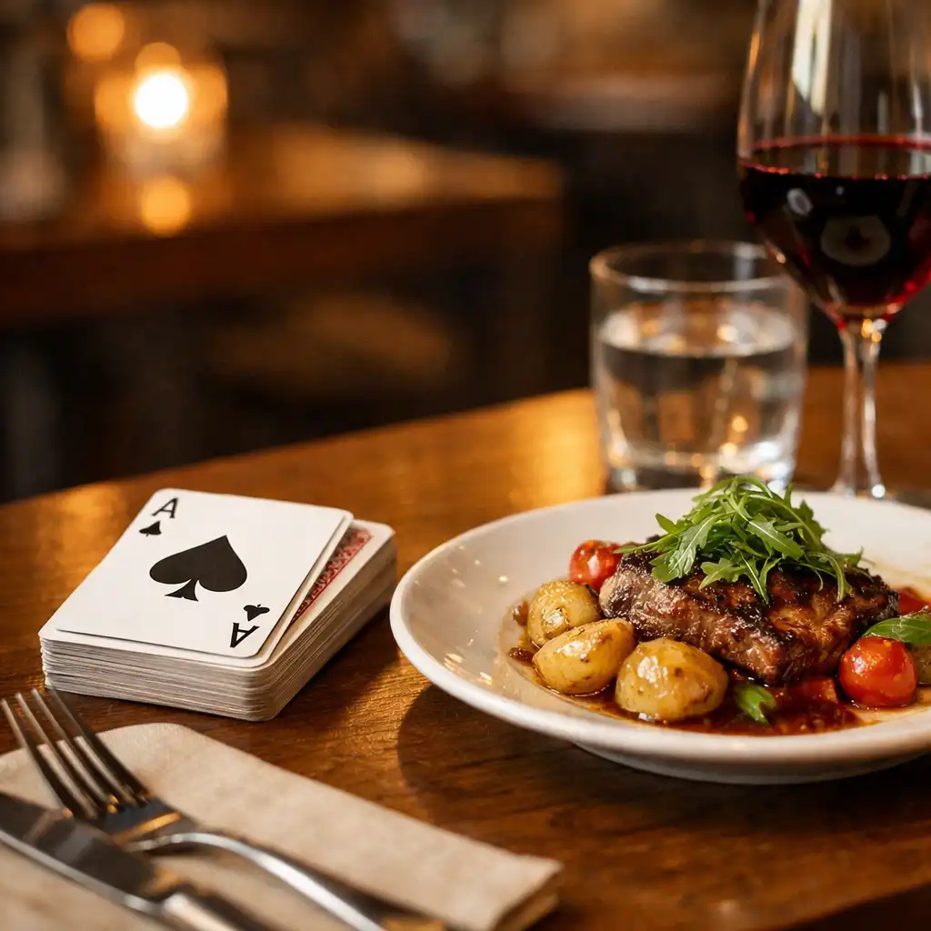 Dining table setting with a deck of playing cards next to a plate of food