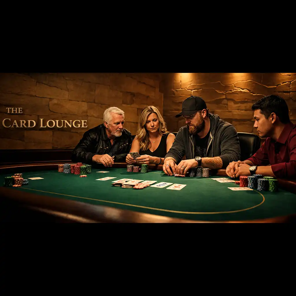 Physical poker table in the Card Lounge with players seated around deep green felt