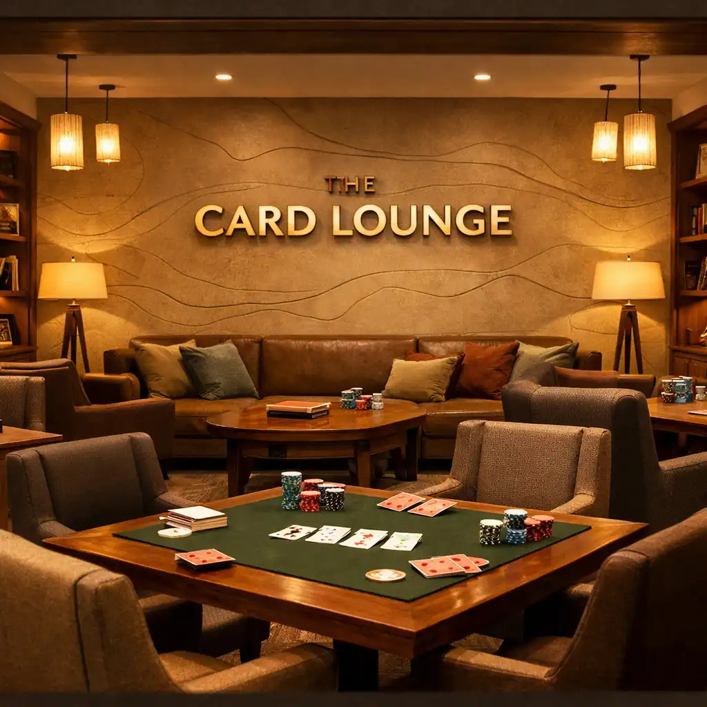 Wide-angle view of the Card Lounge with comfortable seating and low tables for card play.
