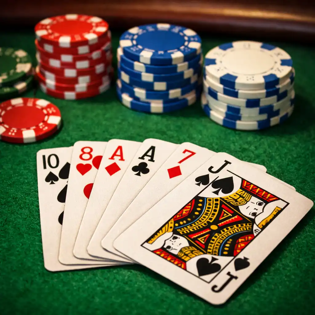Close-up of playing cards and poker chips on a green felt poker table.