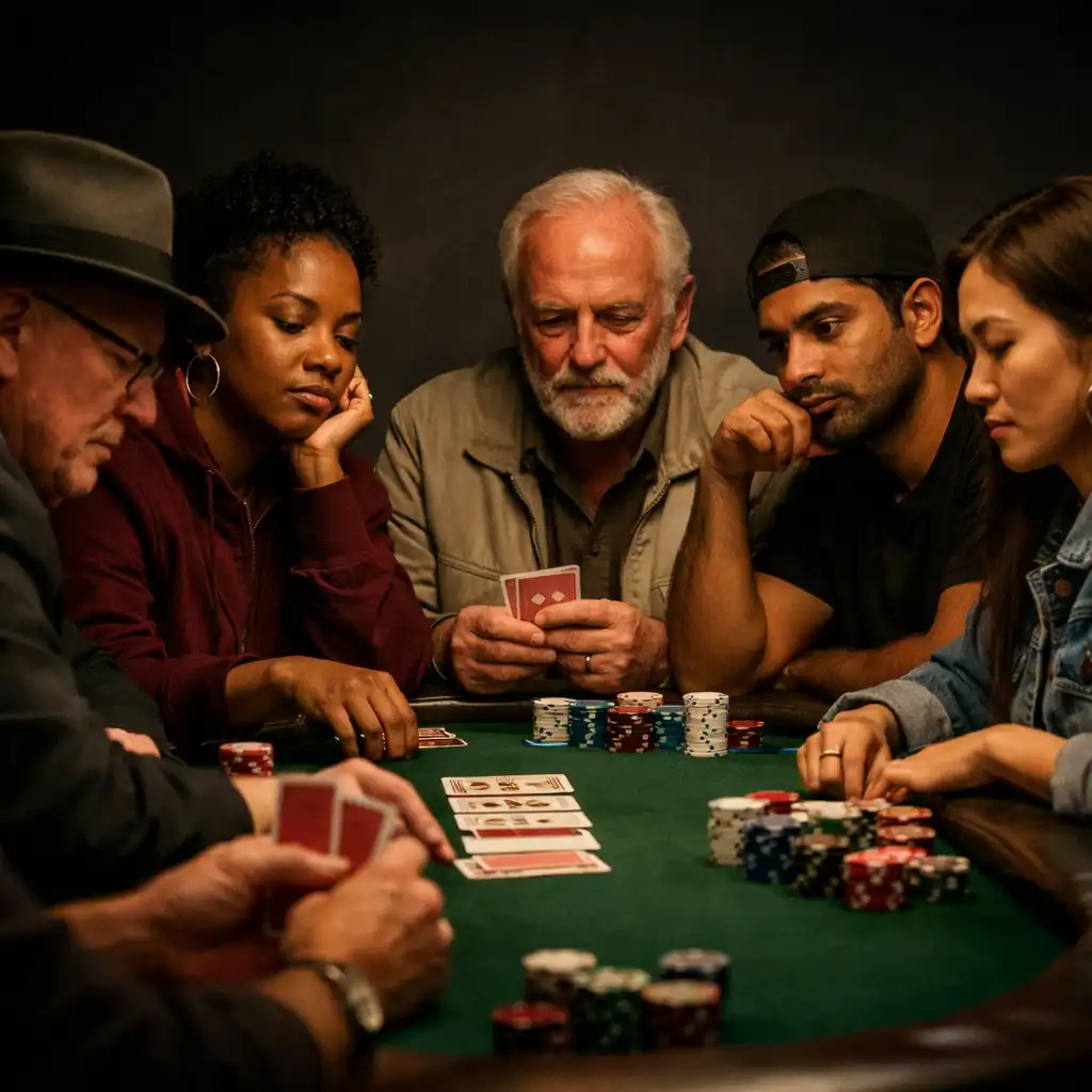 A diverse group of players at a physical poker table, engaged in the game.