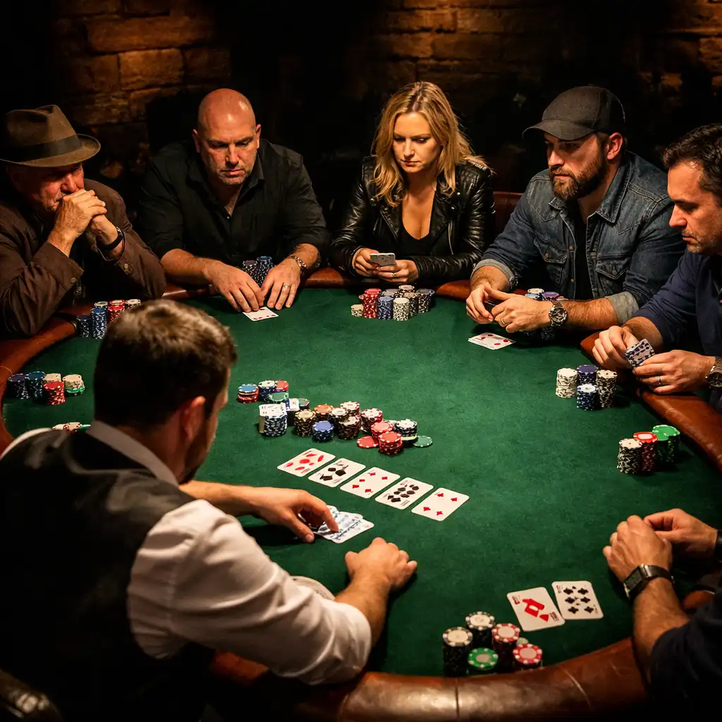 Full physical poker table with multiple players