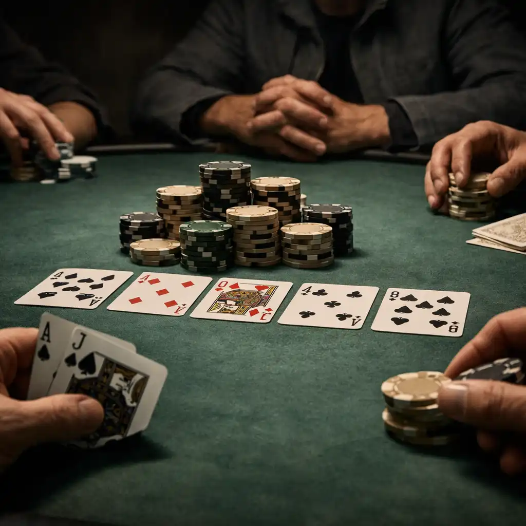 Poker table with cards and chips in focus