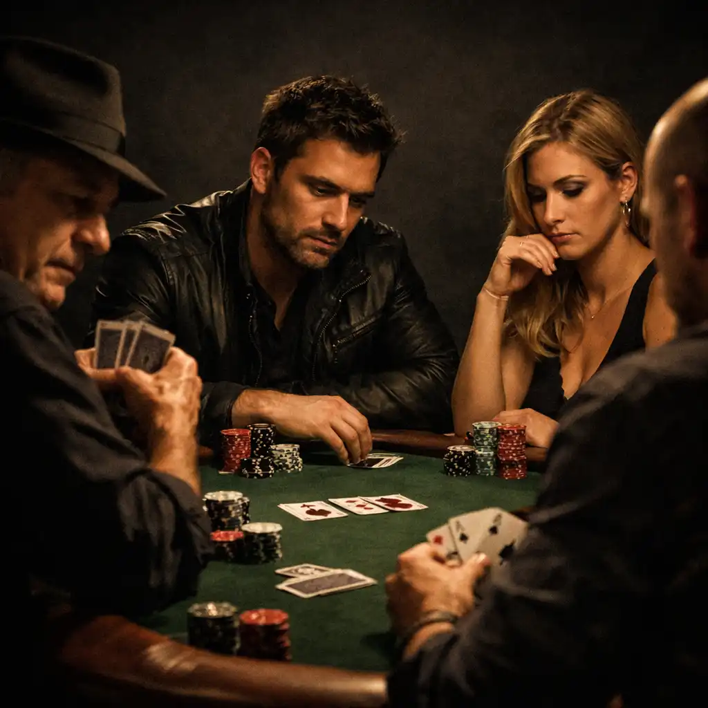 A group of players at a private poker table engaged in a game with cards and chips.