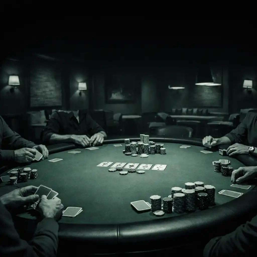 A complete physical poker table with players, cards, chips, and felt in the Poker Esplanade Poker Room