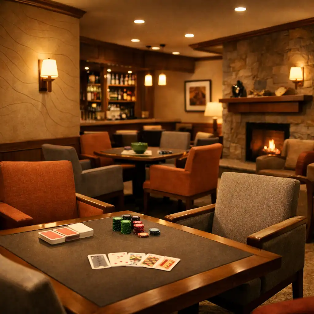 Interior of the Card Lounge from a corner angle showing the relaxed layout and warm ambiance.