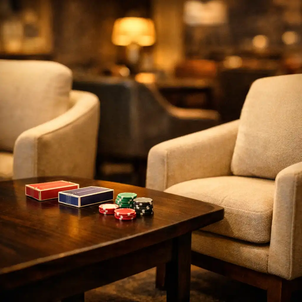 Close-up of comfortable upholstered chairs and a low table in the Card Lounge.