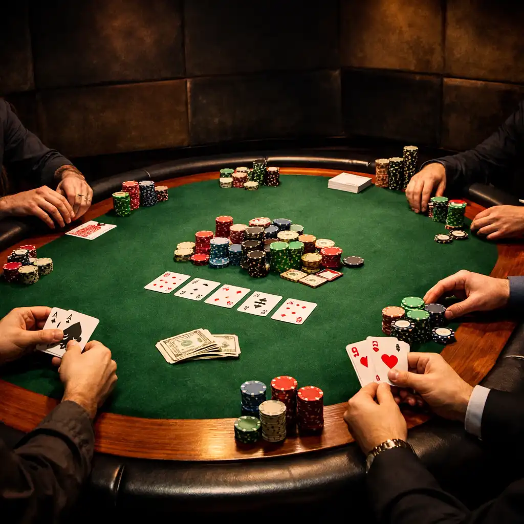 Physical poker table with players handling cards and chips in a dimly lit room