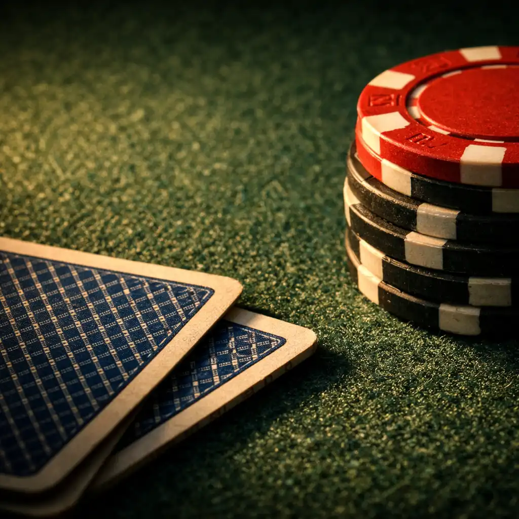 Macro view of poker felt, a stack of chips, and playing cards