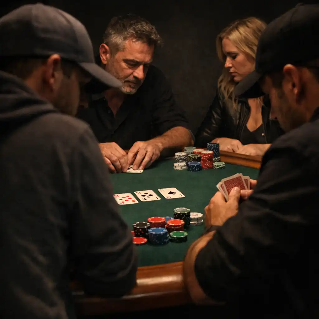 Several players seated at a physical poker table, focused on the game with cards and chips visible.
