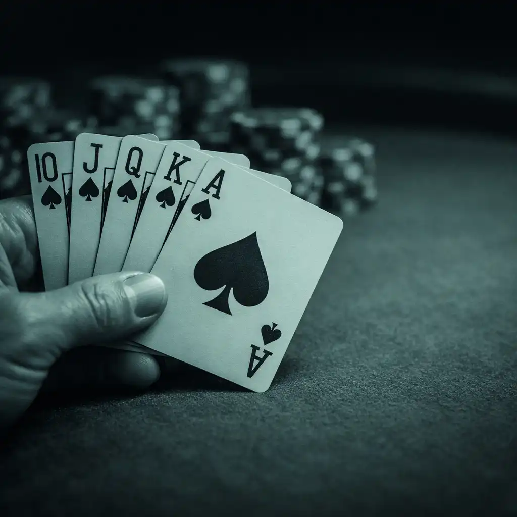 Hand holding a fan of poker cards with the table felt and chips visible in the background