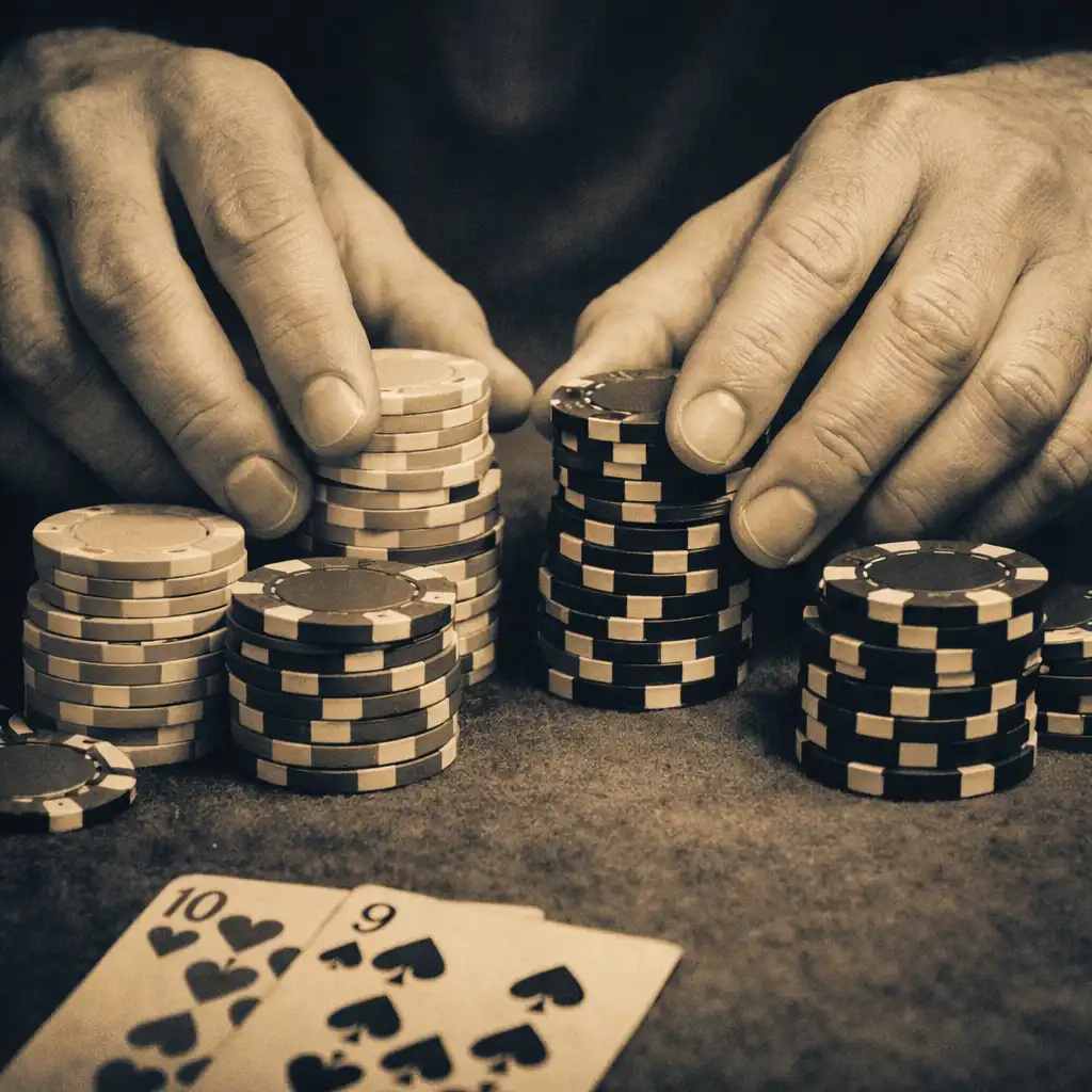 Player's hands stacking poker chips on the felt with cards partially visible
