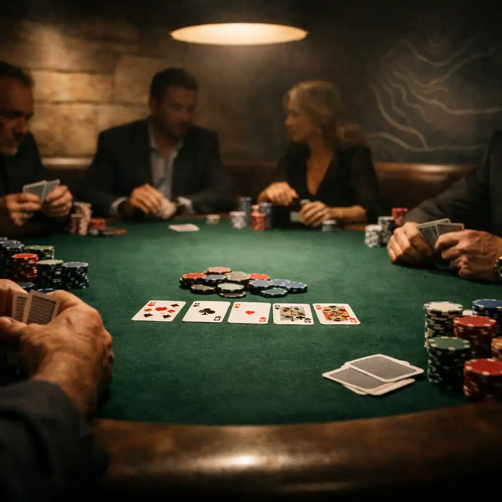Players seated around a physical poker table during a Poker Night at Poker Esplanade Blue Mountains