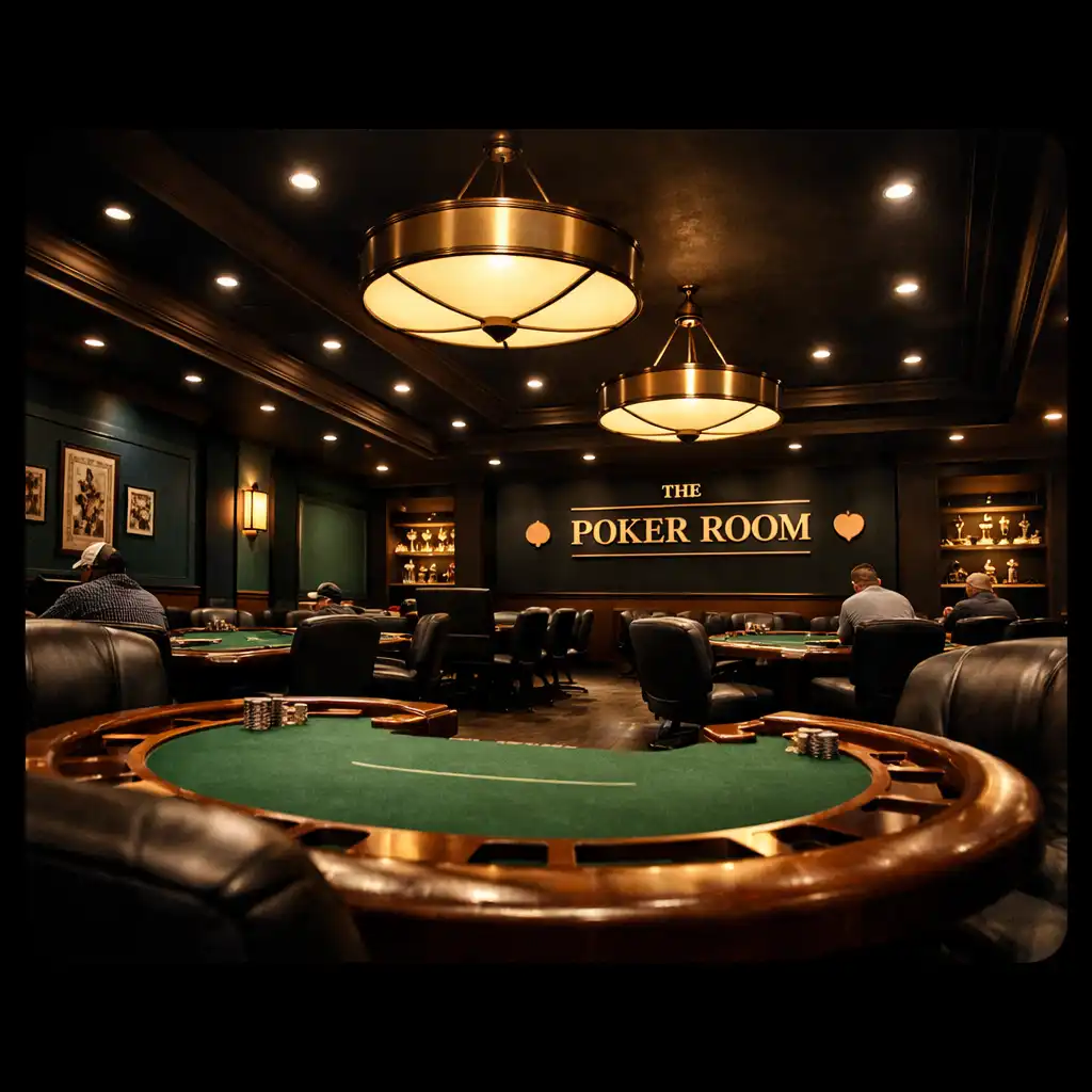 Interior of the Poker Room from a low angle showing table arrangement and warm focused lighting.