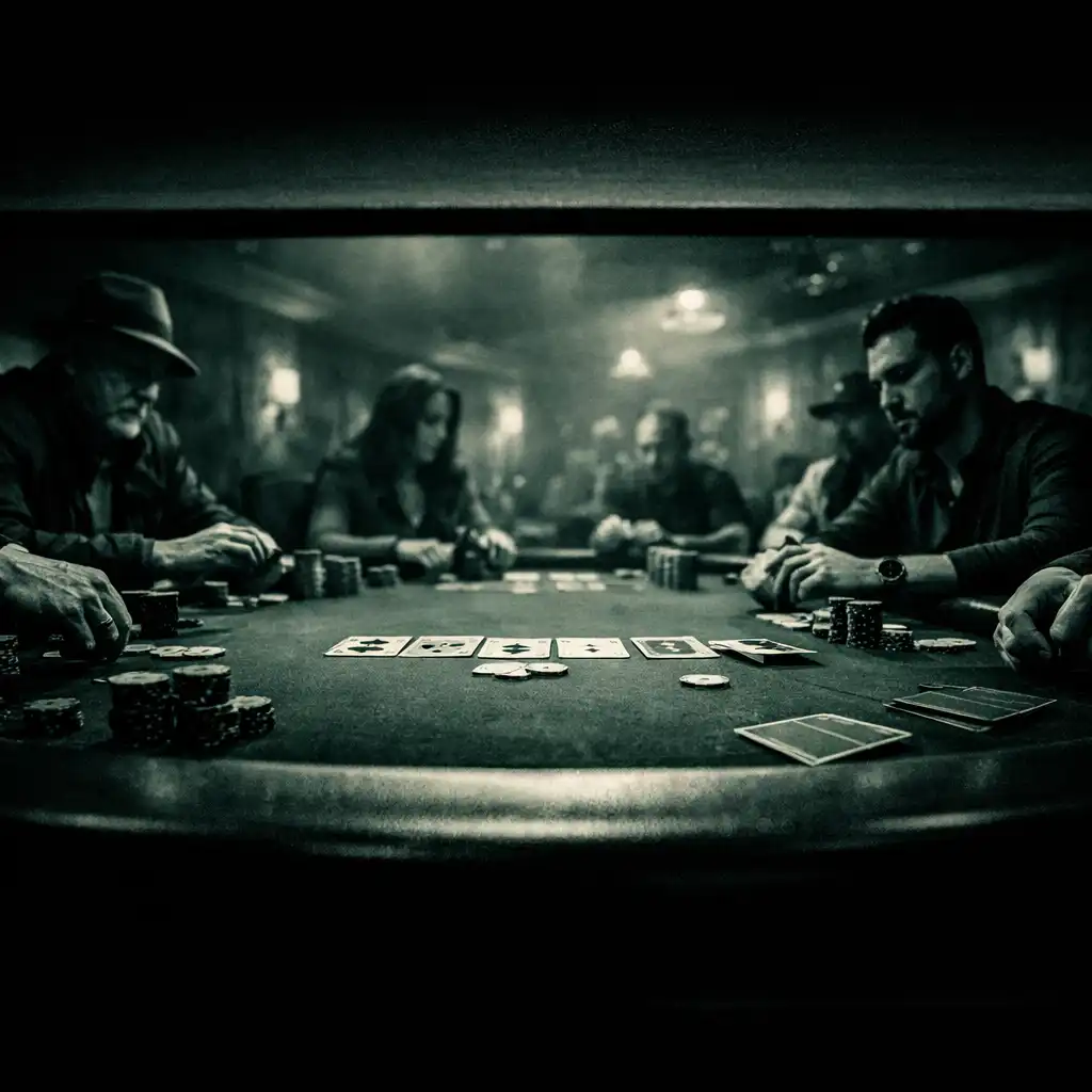 A wide-angle view of the Poker Room with players seated around a full physical poker table, cards and chips visible under warm focused lighting.
