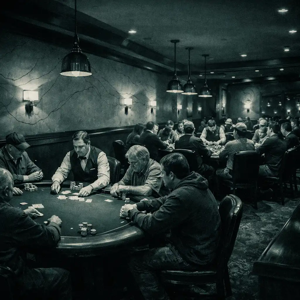 Poker Room interior with multiple physical poker tables and players