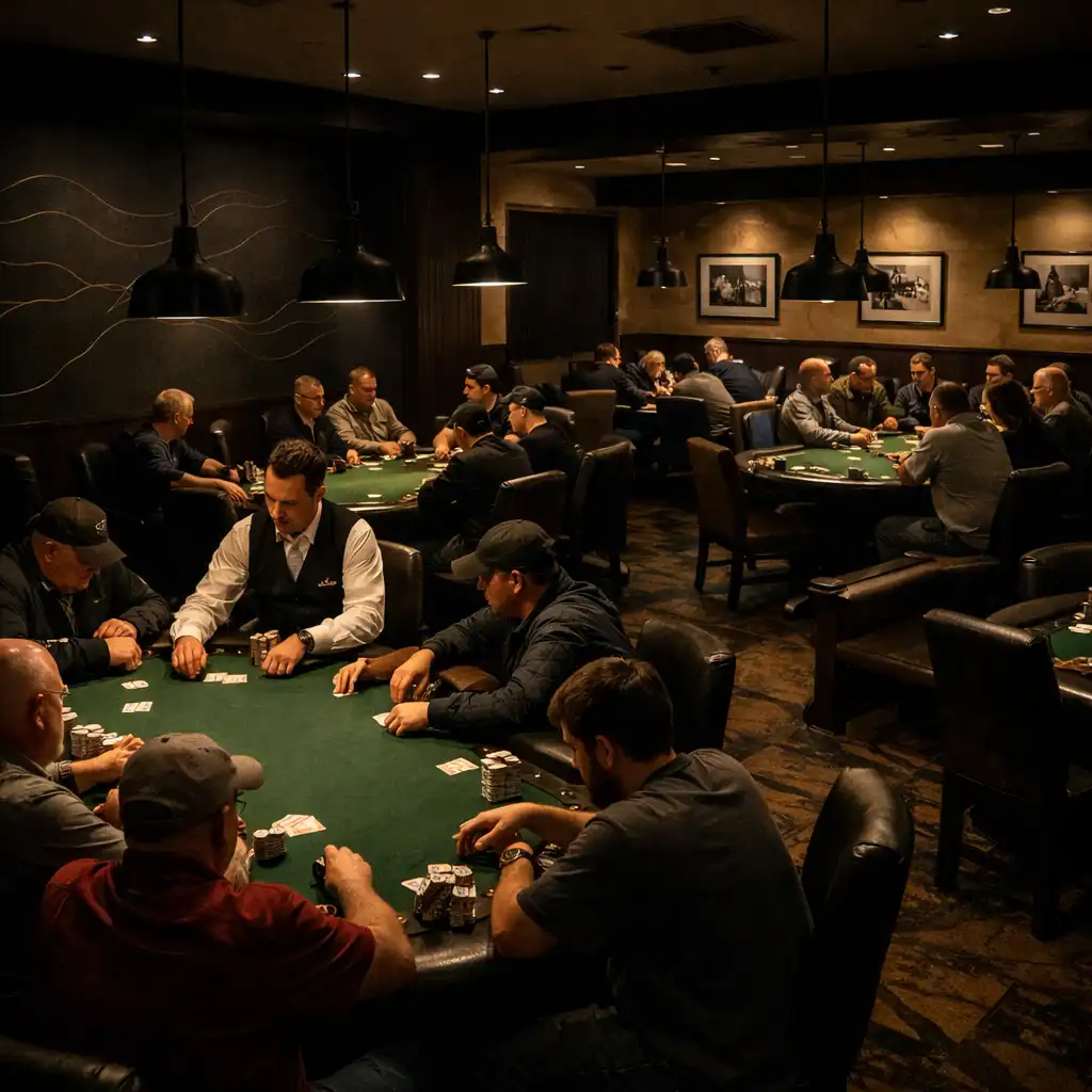 The dedicated Poker Room at night with multiple physical poker tables and focused players