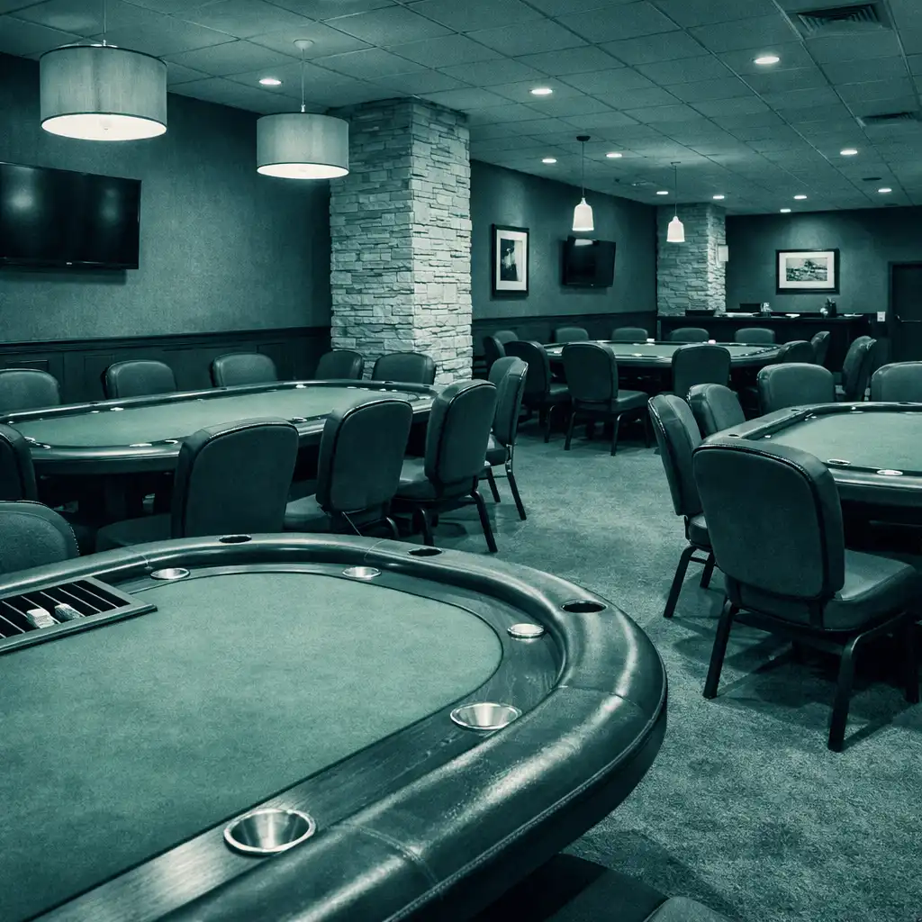 Interior of the dedicated Poker Room with physical poker tables