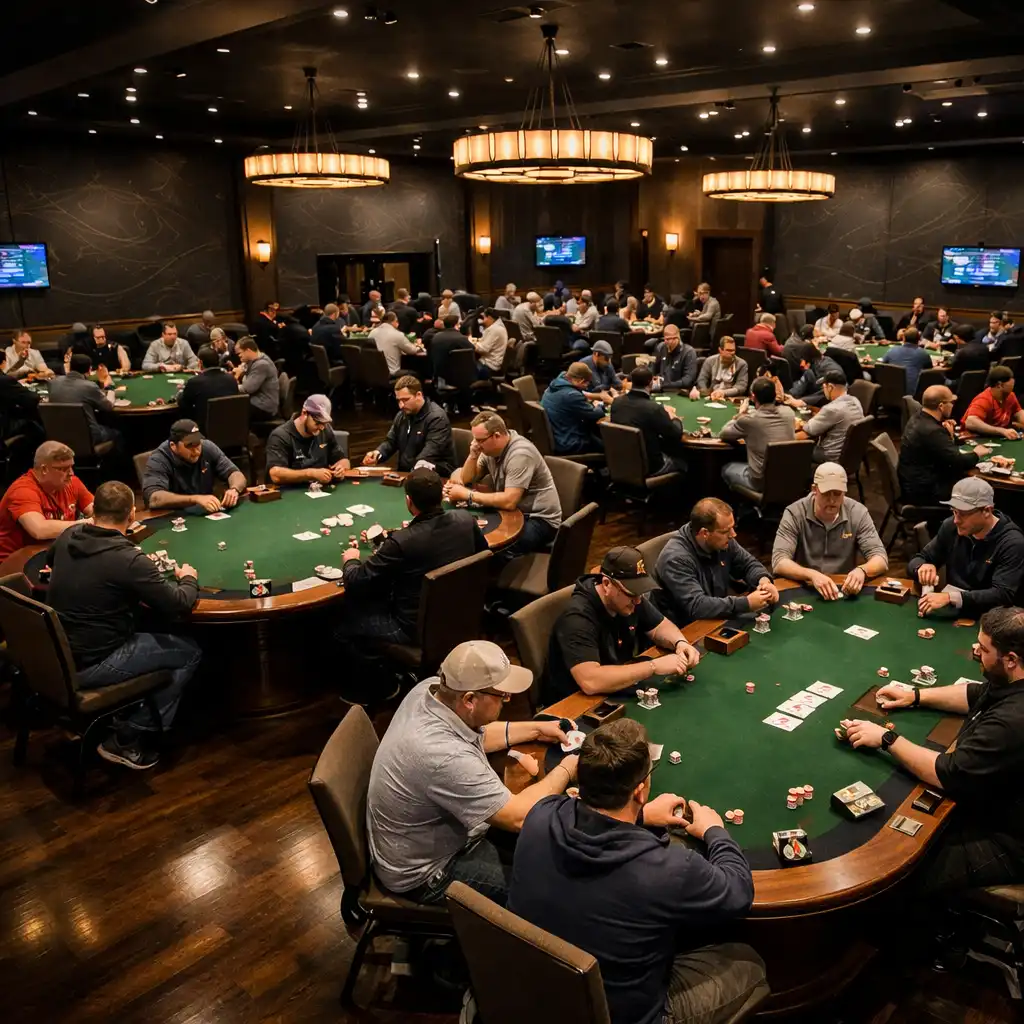 Wide-angle view of the Poker Room with several physical poker tables occupied by players.