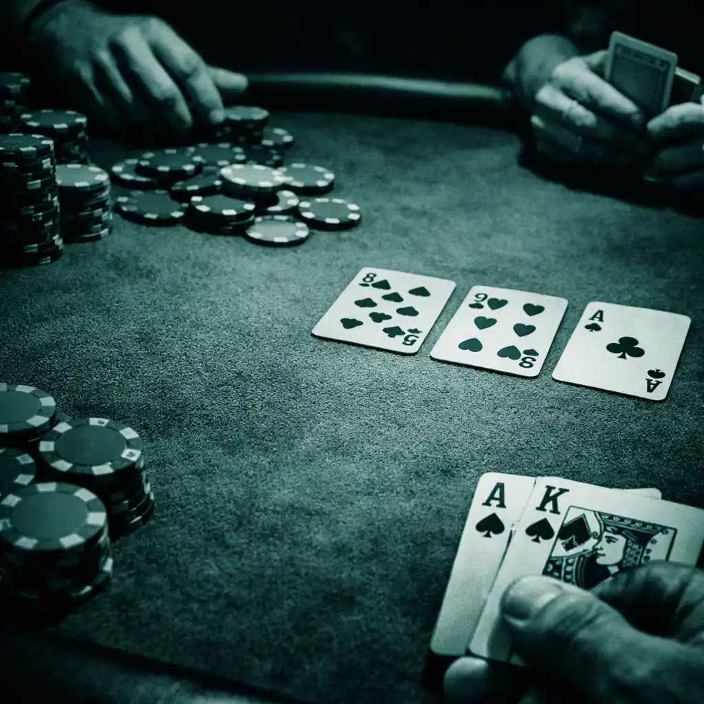 Close-up view of a physical poker table during a game, showing cards, chips, and players' hands on the felt under warm dramatic lighting.