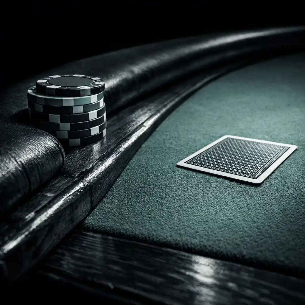 Close-up of a physical poker table with cards, chips, and players' hands