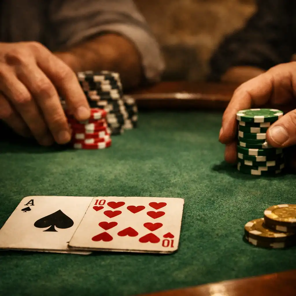 Close-up of a poker table edge showing the green felt, wooden rail, cards, and chips.