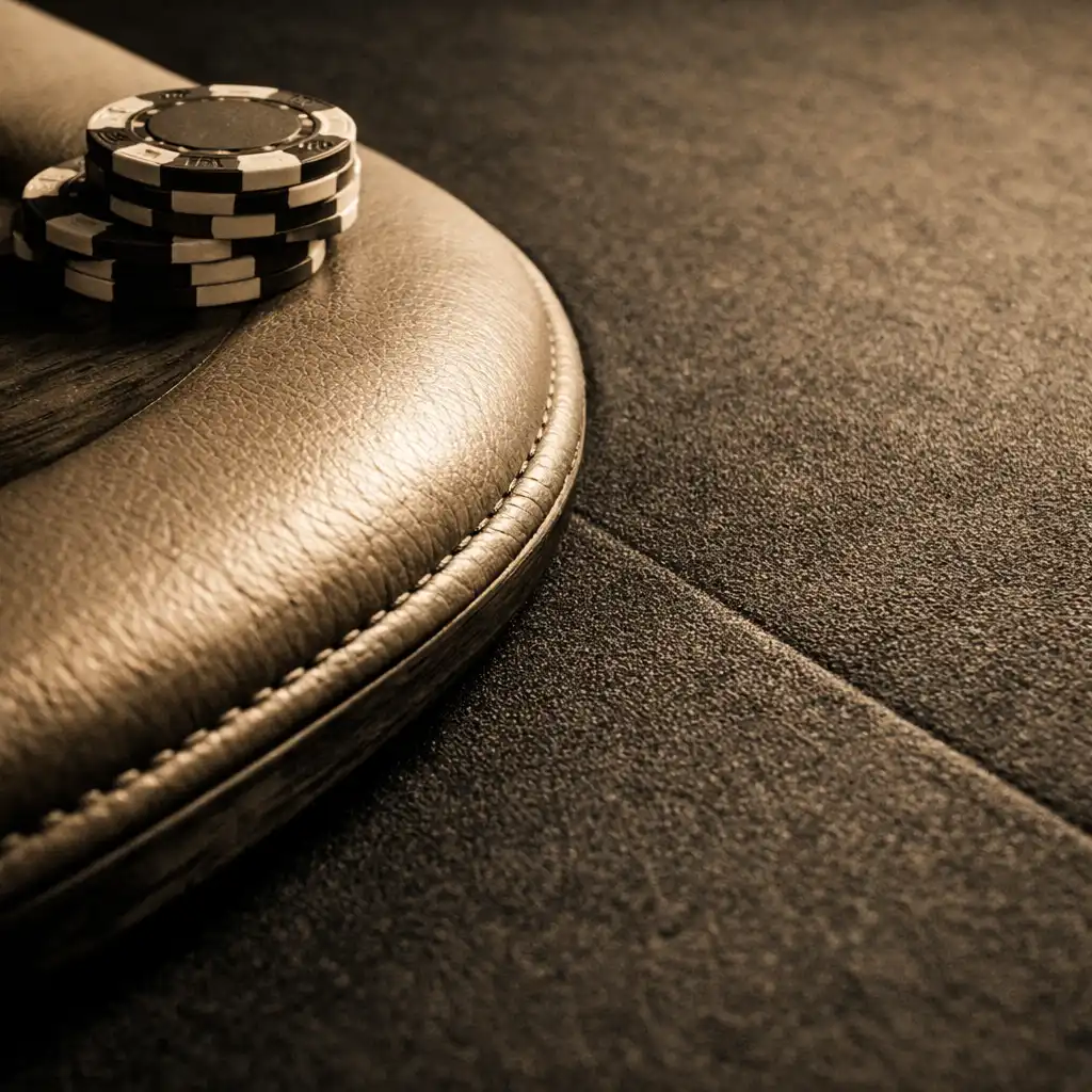 Close-up of a poker table edge showing the wooden rail and felt surface with a few chips resting on the rail