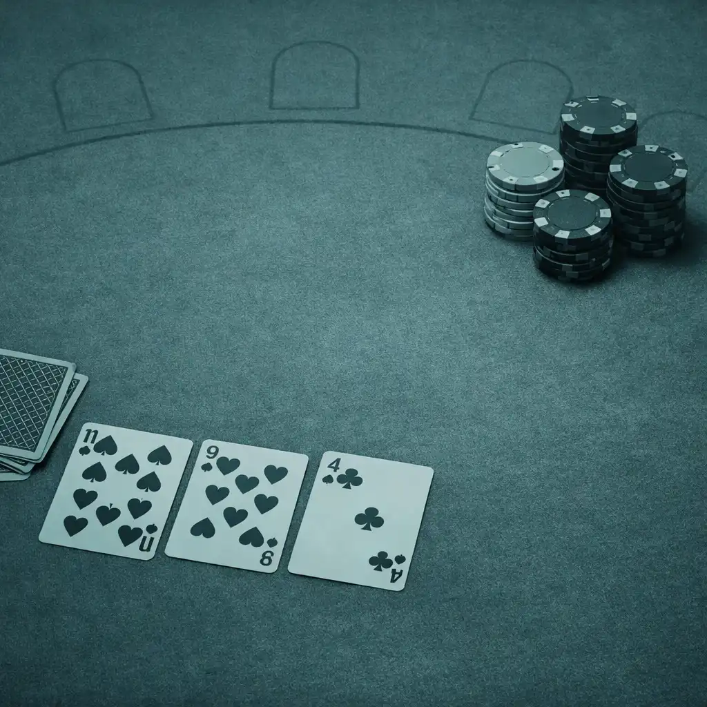 Top-down view of a poker table felt surface with texture, partially dealt cards, and neatly stacked chips