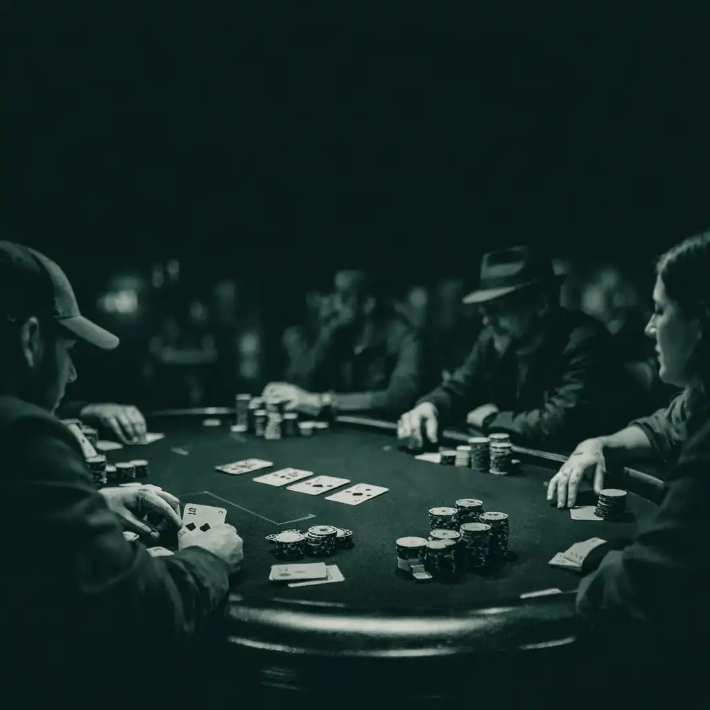 A full physical poker table with six players focused on the game in a warm, dimly lit premium poker room.