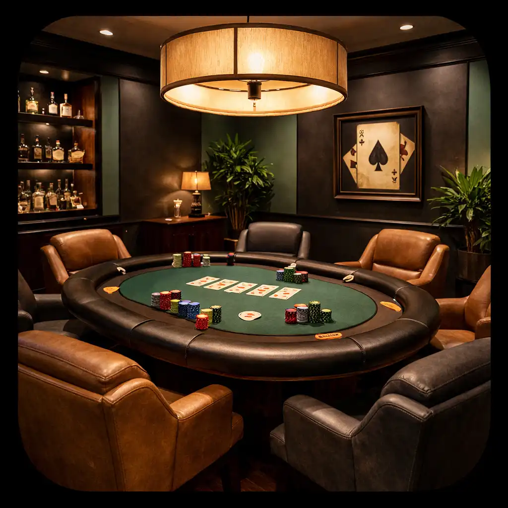 Interior of the private poker area showing a dedicated space with a physical poker table and seating.