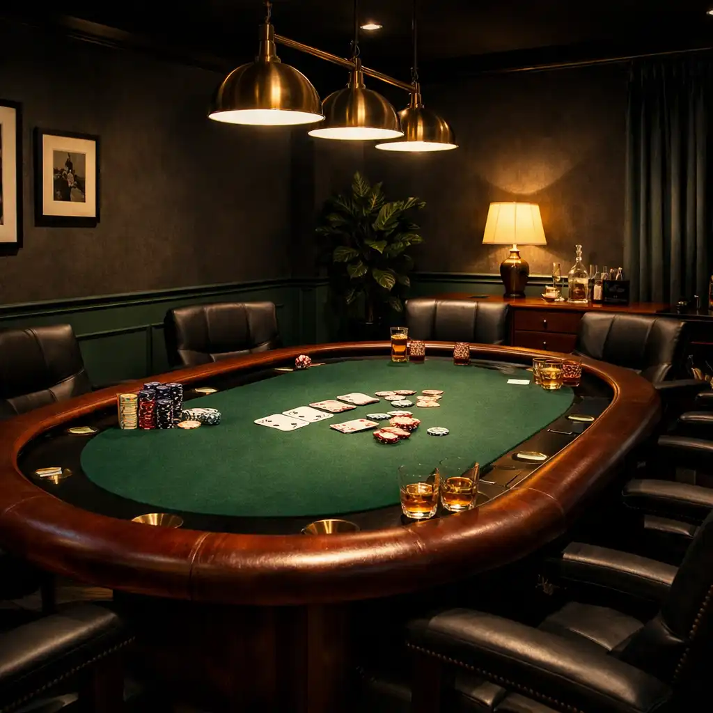 A private poker table setup in a separate dimly lit area with warm focused lighting.