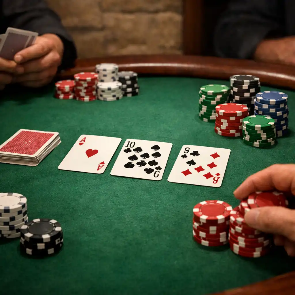 Close-up of a real poker table with cards, chips, and players' hands