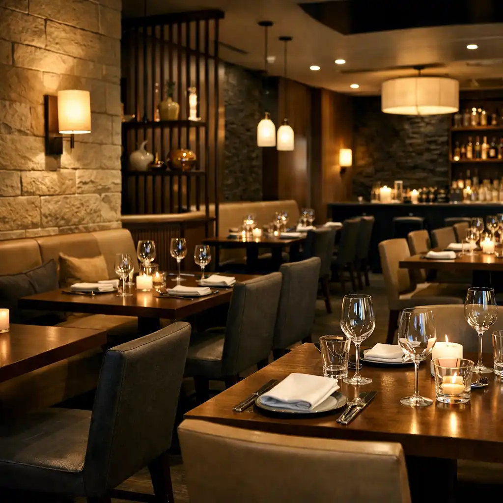 Contemporary restaurant interior within Poker Esplanade Blue Mountains, available for dining before or after poker