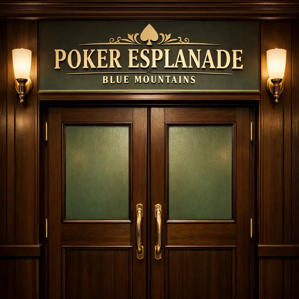 Close-up of the entrance to Poker Esplanade Blue Mountains showing the door and signage.